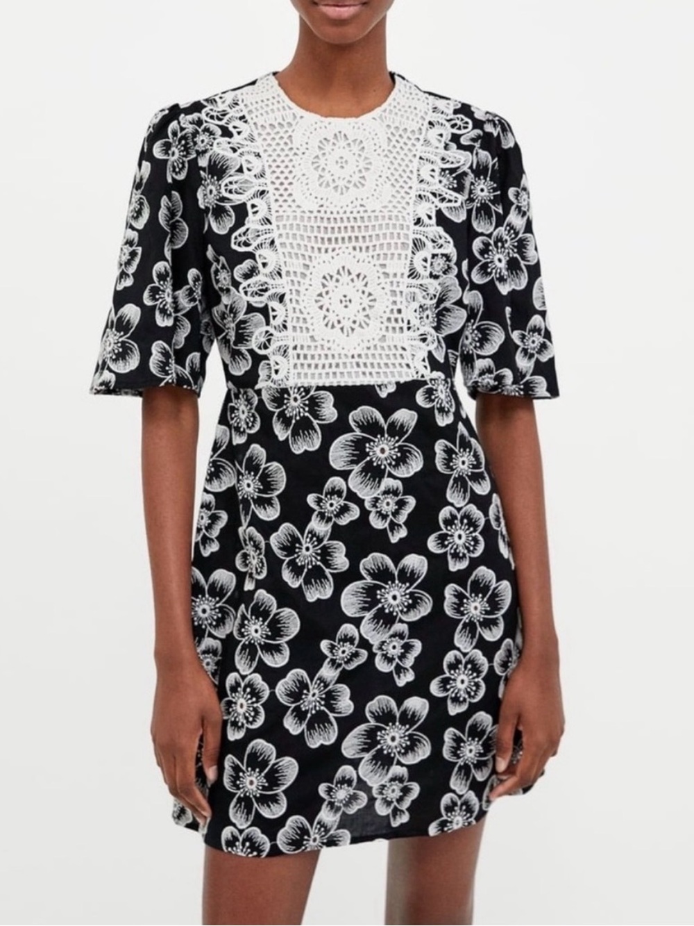 Zara Black Dress with White Floral Print and Crochet Bib